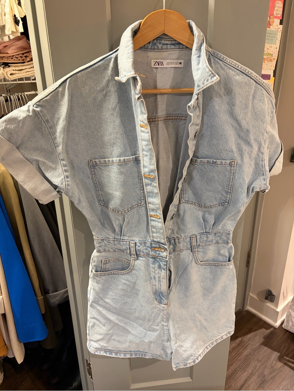 Zara Light Blue Denim Button-Front Short Romper